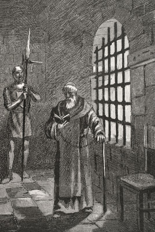 Western Schism (1378-1417). Antipope John XXIII, born Baldasarre Cossa (c. 1370-1419), in prison after being deposed in 1415. Engraving by Serra Pausas. ""Glorias Espanolas"" (Glories of Spain). Volume II. Published in Barcelona, 1890.