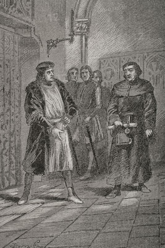 Alfonso V the Magnanimous (1396-1458). King of the Crown of Aragon (1416-1458). General Courts of the Crown of Aragon in Teruel, 1427. Francisco de Villanueva, Judge of Teruel, was executed by the king himself at the beginning of the Courts, drowning him in the same hall where the Council was being held. Engraving by Serra Pausas. ""Glorias Espanolas"" (Glories of Spain). Volume II. Published in Barcelona, 1890.