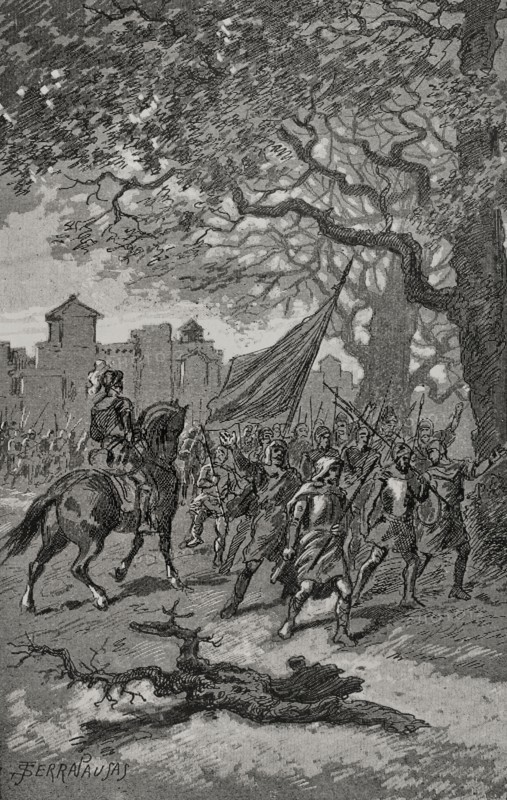 Iberian Peninsula. Catalan Civil War (1462-1472). Conflict in the Principality of Catalonia between supporters of King John II of Aragon (1398-1479) and defenders of Catalan institutions who rebelled against the king. Departure of the Barcelonians to help those besieged in San Adrian de Besos (Sant Adria de Besv=s). Engraving by Serra Pausas. ""Glorias Espanolas"" (Glories of Spain). Volume II. Published in Barcelona, 1890.