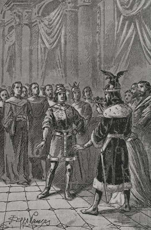 Iberian Peninsula. Conferences held in Vitoria in 1476. The kings John II of Aragon (1398-1479) and Ferdinand V of Castile (1452-1516) attended. Dona Leonor (1426-1479), the future Eleanor I of Navarre, took part in them in an attempt to prevent French penetration of Navarre. Engraving by Serra Pausas. ""Glorias Espanolas"" (Glories of Spain). Volume II. Published in Barcelona, 1890.