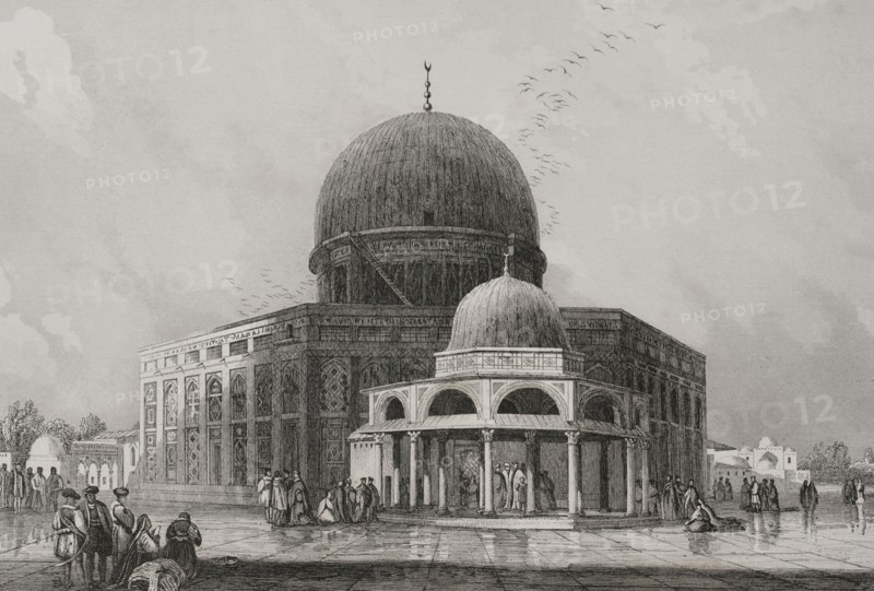 Jerusalem. Dome of the Rock, at the center of the Temple Mount or Jerusalem's Holy Esplanade. Engraving by Ransonnette. ""La Tierra Santa y los lugares recorridos por los profetas, por los apostoles y por los cruzados"" (The Holy Land and the sites traversed by the prophets, by the apostles and by the crusaders). Published in Barcelona by the printing house of Joaquin Verdaguer, 1840.