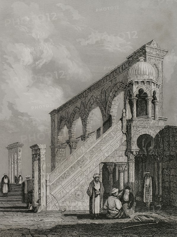 Jerusalem. Pulpit on the platform of the Mosque of Omar. Engraving by Emile Rouargue. ""La Tierra Santa y los lugares recorridos por los profetas, por los apostoles y por los cruzados"" (The Holy Land and the sites traversed by the prophets, by the apostles and by the crusaders). Published in Barcelona by the printing house of Joaquin Verdaguer, 1840.