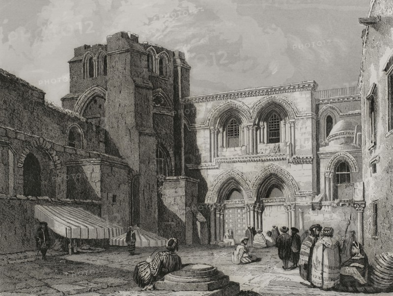 Jerusalem. Church of the Holy Sepulchre. Engraving by Emile Rouargue. ""La Tierra Santa y los lugares recorridos por los profetas, por los apostoles y por los cruzados"" (The Holy Land and the sites traversed by the prophets, by the apostles and by the crusaders). Published in Barcelona by the printing house of Joaquin Verdaguer, 1840.