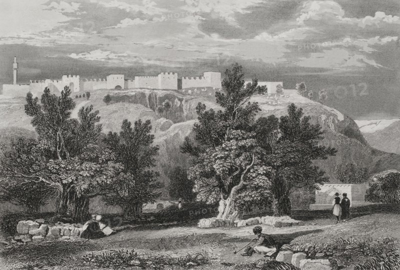 Jerusalem. Garden of Olives. Engraving by Aubert. ""La Tierra Santa y los lugares recorridos por los profetas, por los apostoles y por los cruzados"" (The Holy Land and the sites traversed by the prophets, by the apostles and by the crusaders). Published in Barcelona by the printing house of Joaquin Verdaguer, 1840.