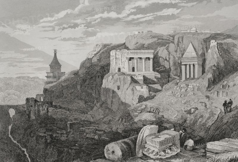 Jerusalem. Valley of Josaphat. Engraving by Aubert. ""La Tierra Santa y los lugares recorridos por los profetas, por los apostoles y por los cruzados"" (The Holy Land and the sites traversed by the prophets, by the apostles and by the crusaders). Published in Barcelona by the printing house of Joaquin Verdaguer, 1840.