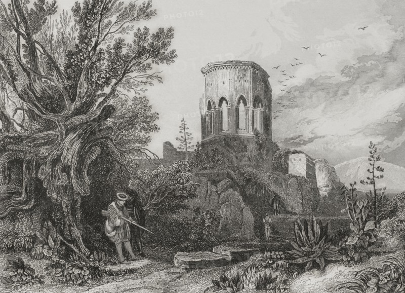 Samaria. Ruins of the city in the mountainous region of ancient Canaan. Engraving by Aubert. ""La Tierra Santa y los lugares recorridos por los profetas, por los apostoles y por los cruzados"" (The Holy Land and the sites traversed by the prophets, by the apostles and by the crusaders). Published in Barcelona by the printing house of Joaquin Verdaguer, 1840.