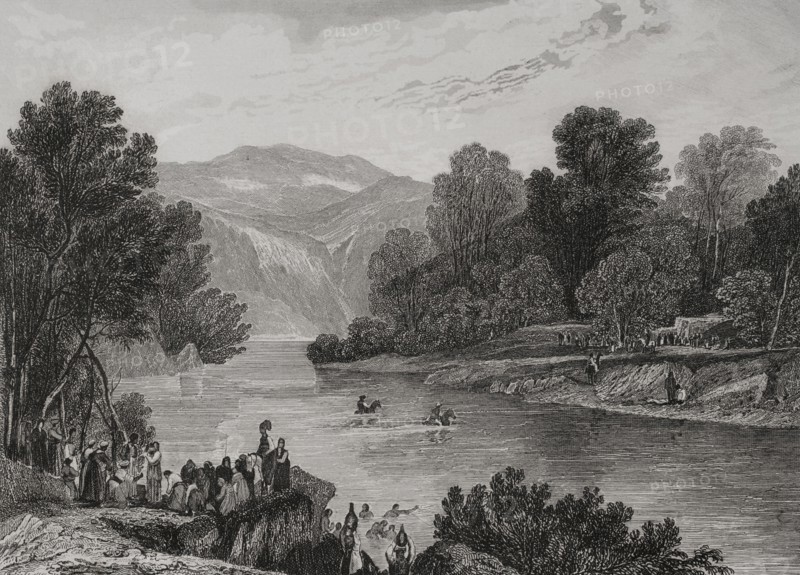 Banks of the Jordan River. Engraving by Aubert. ""La Tierra Santa y los lugares recorridos por los profetas, por los apostoles y por los cruzados"" (The Holy Land and the sites traversed by the prophets, by the apostles and by the crusaders). Published in Barcelona by the printing house of Joaquin Verdaguer, 1840.