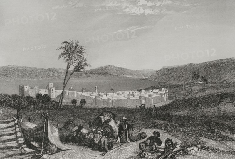Tiberias and the Sea of Galilee. Engraving by Emile Rouargue. ""La Tierra Santa y los lugares recorridos por los profetas, por los apostoles y por los cruzados"" (The Holy Land and the sites traversed by the prophets, by the apostles and by the crusaders). Published in Barcelona by the printing house of Joaquin Verdaguer, 1840.
