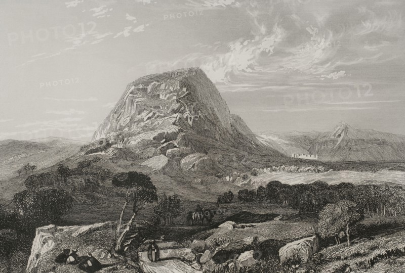 Mount Tabor. Lower Galilee. Engraving by Emile Rouargue. ""La Tierra Santa y los lugares recorridos por los profetas, por los apostoles y por los cruzados"" (The Holy Land and the sites traversed by the prophets, by the apostles and by the crusaders). Published in Barcelona by the printing house of Joaquin Verdaguer, 1840.