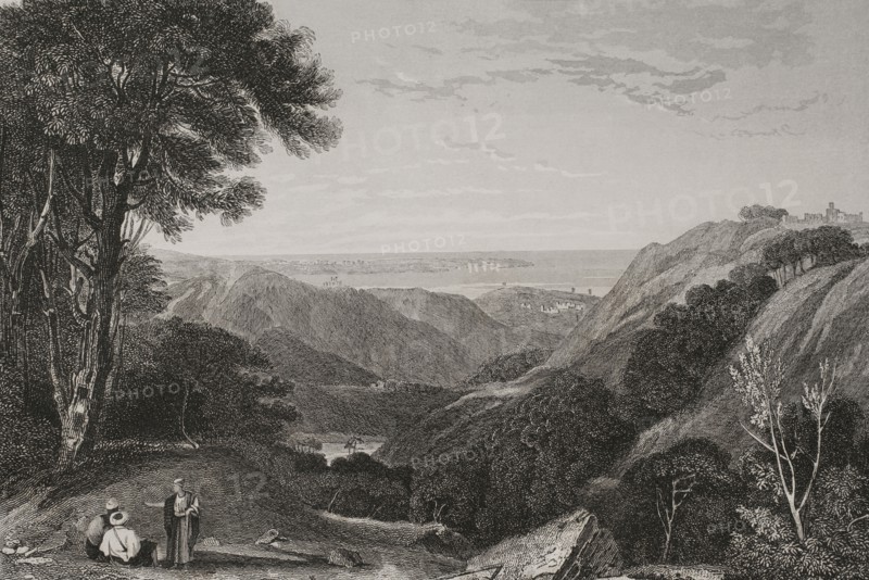 Panoramic view of Mount Lebanon. Engraving by Ransonnette. ""La Tierra Santa y los lugares recorridos por los profetas, por los apostoles y por los cruzados"" (The Holy Land and the sites traversed by the prophets, by the apostles and by the crusaders). Published in Barcelona by the printing house of Joaquin Verdaguer, 1840.