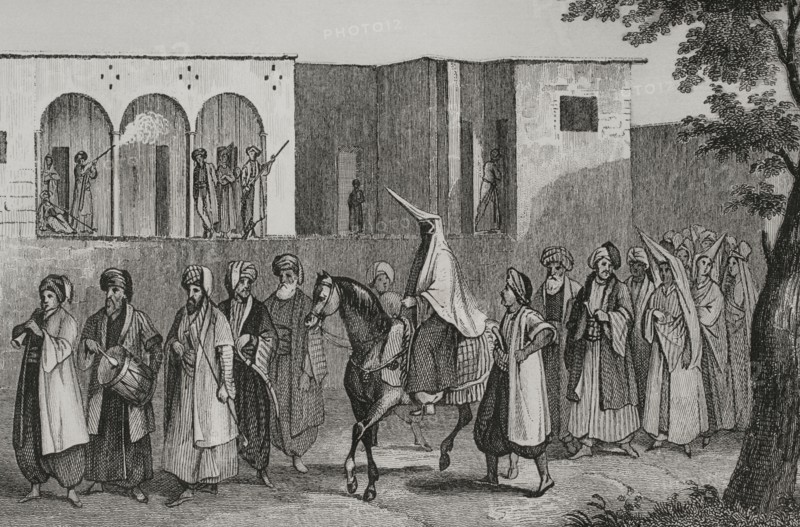 Wedding of a young Druze prince. Princess's retinue at Nahr el-Kelb. Wedding march to Mount Lebanon. Engraving by Ransonnette. ""La Tierra Santa y los lugares recorridos por los profetas, por los apostoles y por los cruzados"" (The Holy Land and the sites traversed by the prophets, by the apostles and by the crusaders). Published in Barcelona by the printing house of Joaquin Verdaguer, 1840.