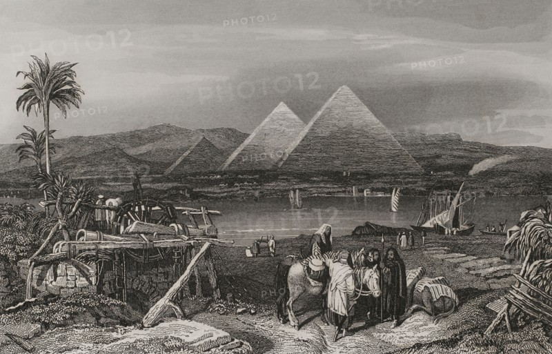 Egypt. Pyramids from the banks of the Nile. Site were the ancient city of Memphis stood. Engraving by Emile Rouargue. ""La Tierra Santa y los lugares recorridos por los profetas, por los apostoles y por los cruzados"" (The Holy Land and the sites traversed by the prophets, by the apostles and by the crusaders). Published in Barcelona by the printing house of Joaquin Verdaguer, 1840.
