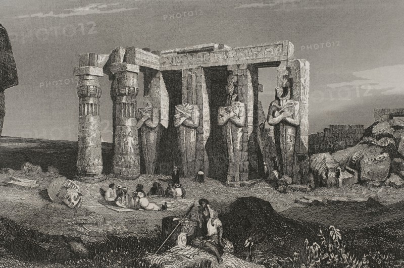 Egypt. Thebes. Temple of Memnon. Engraving by Emile Rouargue. ""La Tierra Santa y los lugares recorridos por los profetas, por los apostoles y por los cruzados"" (The Holy Land and the sites traversed by the prophets, by the apostles and by the crusaders). Published in Barcelona by the printing house of Joaquin Verdaguer, 1840.