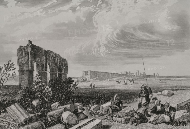 Tyre (currently in Lebanese territory). Engraving by Aubert. ""La Tierra Santa y los lugares recorridos por los profetas, por los apostoles y por los cruzados"" (The Holy Land and the sites traversed by the prophets, by the apostles and by the crusaders). Published in Barcelona by the printing house of Joaquin Verdaguer, 1840.