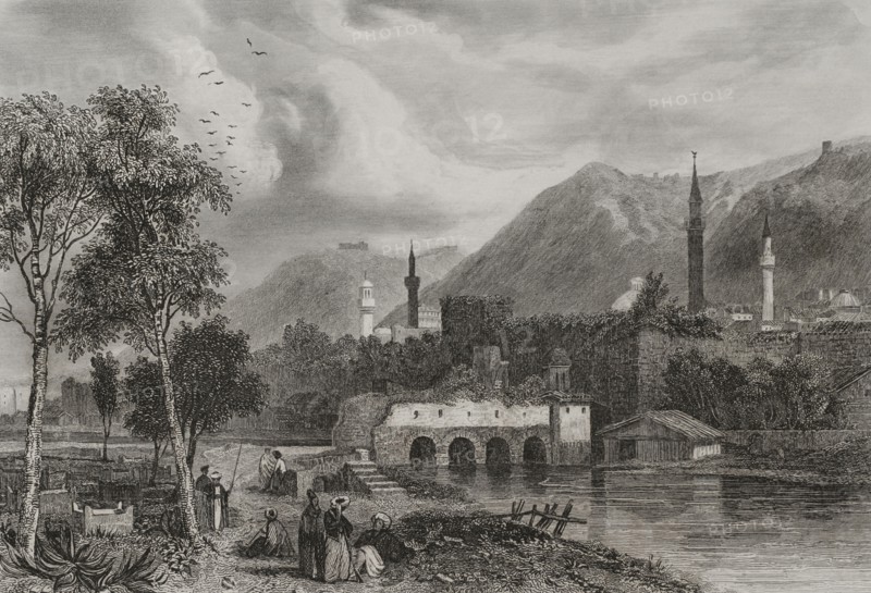 Antioch. Engraving by Ransonnette. ""La Tierra Santa y los lugares recorridos por los profetas, por los apostoles y por los cruzados"" (The Holy Land and the sites traversed by the prophets, by the apostles and by the crusaders). Published in Barcelona by the printing house of Joaquin Verdaguer, 1840.