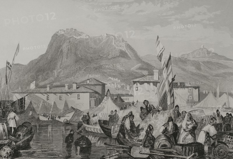 Greece. Corinth, Port of Kenkries. Engraving by Aubert. ""La Tierra Santa y los lugares recorridos por los profetas, por los apostoles y por los cruzados"" (The Holy Land and the sites traversed by the prophets, by the apostles and by the crusaders). Published in Barcelona by the printing house of Joaquin Verdaguer, 1840.