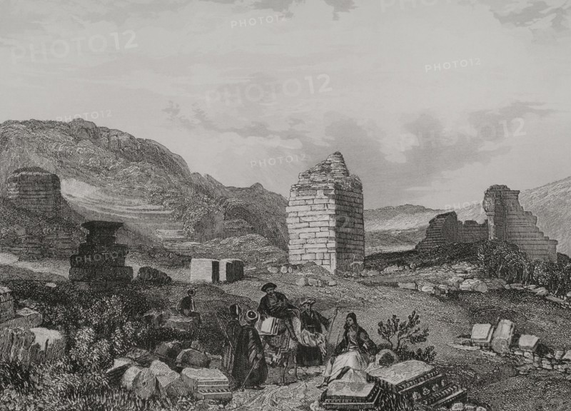 Ephesus. Engraving by Aubert. ""La Tierra Santa y los lugares recorridos por los profetas, por los apostoles y por los cruzados"" (The Holy Land and the sites traversed by the prophets, by the apostles and by the crusaders). Published in Barcelona by the printing house of Joaquin Verdaguer, 1840.