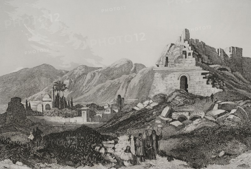 Miletus. Engraving by Aubert. ""La Tierra Santa y los lugares recorridos por los profetas, por los apostoles y por los cruzados"" (The Holy Land and the sites traversed by the prophets, by the apostles and by the crusaders). Published in Barcelona by the printing house of Joaquin Verdaguer, 1840.