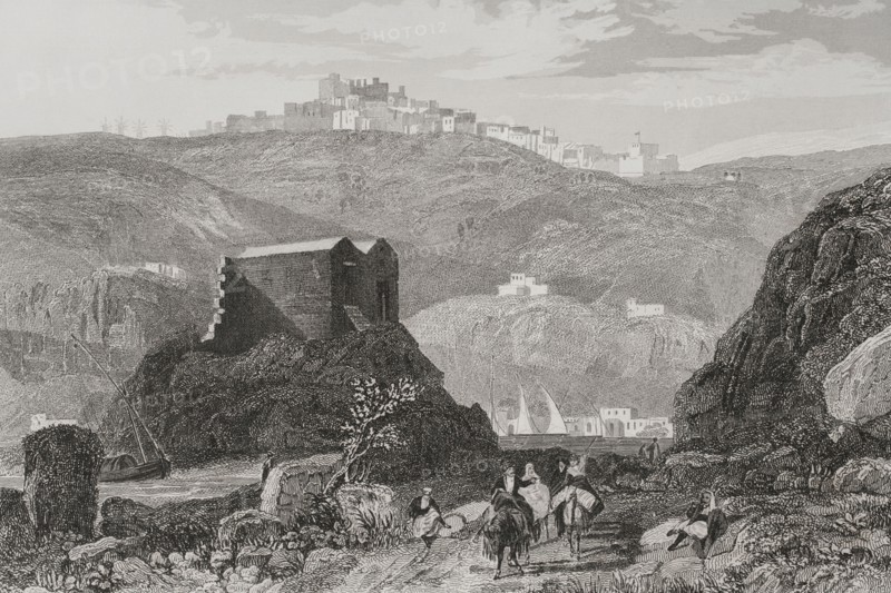 Patmos. Engraving by Aubert. ""La Tierra Santa y los lugares recorridos por los profetas, por los apostoles y por los cruzados"" (The Holy Land and the sites traversed by the prophets, by the apostles and by the crusaders). Published in Barcelona by the printing house of Joaquin Verdaguer, 1840.