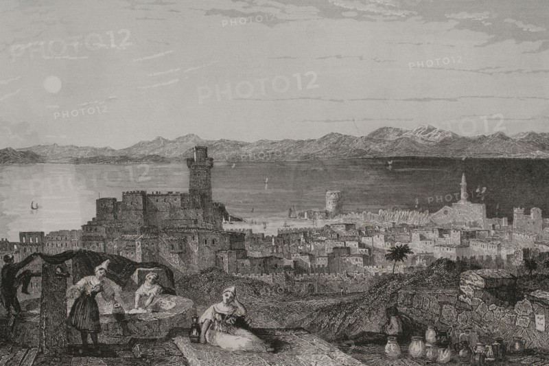 Island of Rhodes. Rhodes. Engraving by Leonce Lhuillier. ""La Tierra Santa y los lugares recorridos por los profetas, por los apostoles y por los cruzados"" (The Holy Land and the sites traversed by the prophets, by the apostles and by the crusaders). Published in Barcelona by the printing house of Joaquin Verdaguer, 1840.