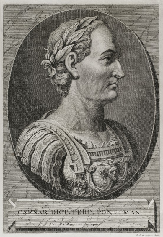 Gaius Julius Caesar (100 BC - 44 BC). Roman politician, general and writer. In 60 BC he established a triumvirate with Pompey and Crassus. Conquered Gaul. Head of the empire an dictator in perpetuity (Dictator Perpetuus). Portrait. Engraving. "Commentaires de Cesar, avec des notes historiques, critiques et militaires, by count Turpin de Crissé. Volume I. Published in Montargis and sold in Paris, 1785.