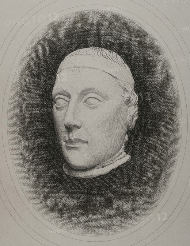 Peter I of Castile (1334-1369) called the Cruel or the Just. King of Castile and Leon from 1350 to 1369. Portrait. Engraving. Engraving by Masson. Lithographed by Magín Pujadas. "Historia General de España" by Modesto Lafuente. Volume II. Published in Barcelona, 1879.