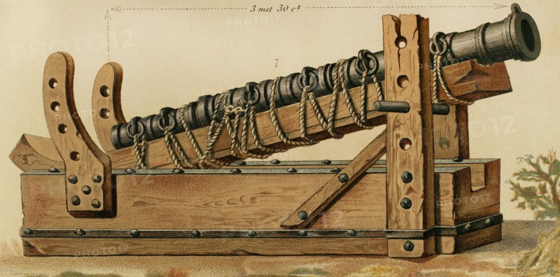 Middle Ages. Portable firearm. 13th century.. Bombard. Cromolithography. "Historia General de España" by Modesto Lafuente. Volume II. Published in Barcelona, 1879.