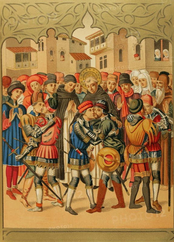 St. Vincent Ferrer (1350-1419). Dominican friar, theologian and preacher. His preaching skills placed him at the service of Pedro de Luna, and later Benedict XIII. Saint Vincent Ferrer pacifying the sides of the noble families of the Centellas and Vilaragut in the streets of Valencia. Illustration after a mid-15th century altarpiece that existed in the Church of Santo Domingo in Cervera. Chromolithography. "Historia General de España", by Modesto Lafuente. Volume II. Published in Barcelona, 1879.