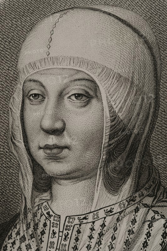 Isabella I (1451-1504). Queen of Castile (1474-1504). Queen consort of Aragon for her marriage to Ferdinand II of Aragon. Portrait. Engraving by Masson. Lithographed by Magín Pujadas. Detail. Historia General de España, by Modesto Lafuente. Volume II. Published in Barcelona, 1879.