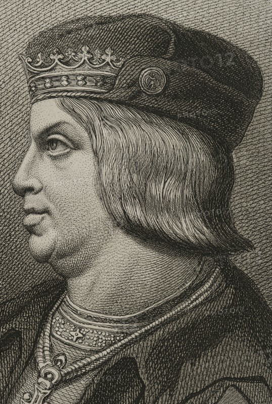 Ferdinand II of Aragon, called The Catholic (1452-1516). King of the Crown of Aragon. King of Castile as Ferdinand V (1474-1504). Portrait. Engraving by Masson. Lithographed by Magín Pujadas. Detail. "Historia General de España", by Modesto Lafuente. Volume II. Published in Barcelona, 1879.