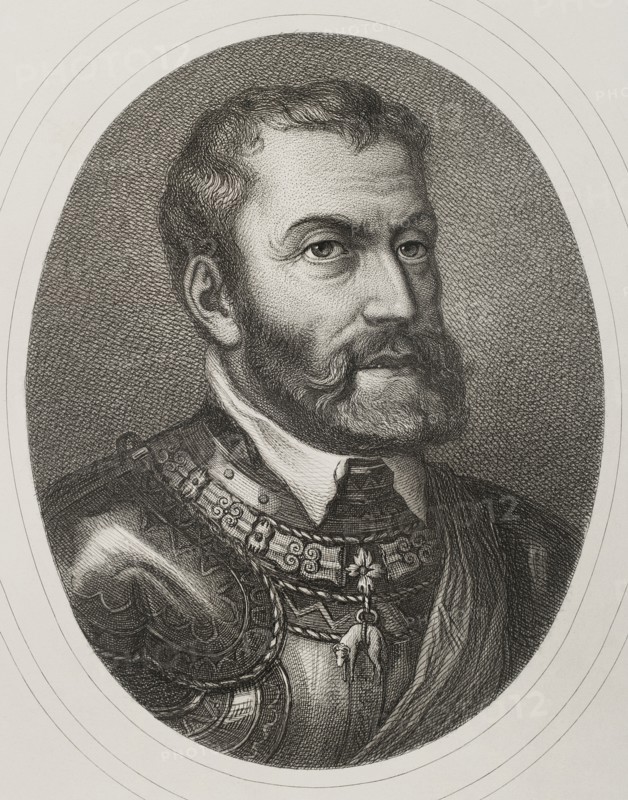 Charles V (1500-1558). Holy Roman Emperor and Archduke of Austria (1519-1556), king of Spain (1516-1556) and Lord of the Netherlands as titular Duke of Burgundy (1506-1555). Portrait. Engraving by Masson. Lithographed by Magín Pujadas. "Historia General de España", by Modesto Lafuente. Volume II. Published in Barcelona, 1879.