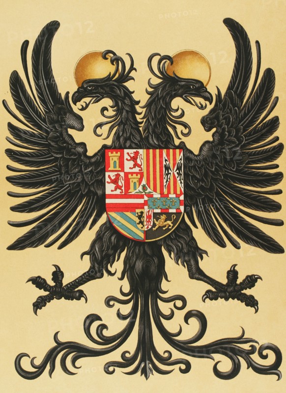 Royal Standard of Charles I of Spain and V of Germany (1500-1558). Two-headed imperial eagle. All his possessions are depicted inside: Castile, Leon, Aragon, Granada, Sicily, Burgundy, Bramante, Austria, escutcheon of Flanders and Tyrol. Chromolithography. Chromolithography. Historia General de España, by Modesto Lafuente. Volume II. Published in Barcelona, 1879.