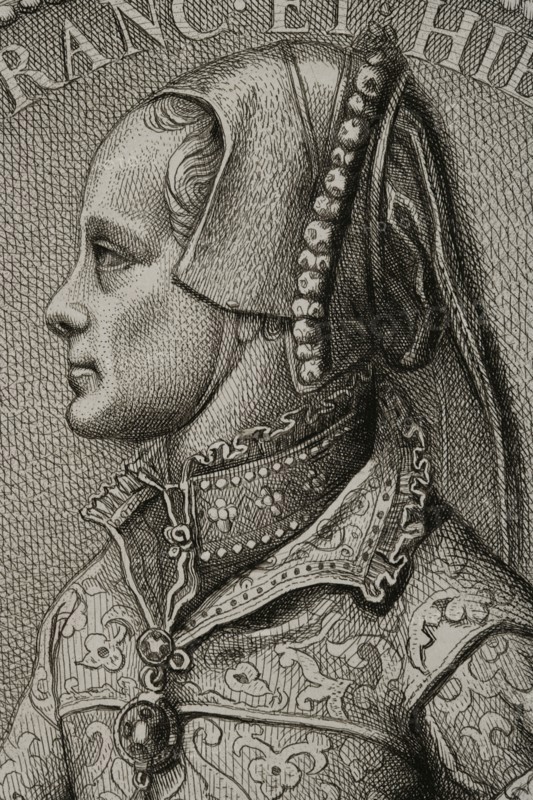 Mary I Tudor (1516-1558). Queen of England and Ireland (1553-1558). Daughter of Henry VIII and Catherine of Aragon. Portrait. Engraving by Masson. Lithographed by Magín Pujadas. Detail. "Historia General de España" by Modesto Lafuente. Volume II. Published in Barcelona, 1879.