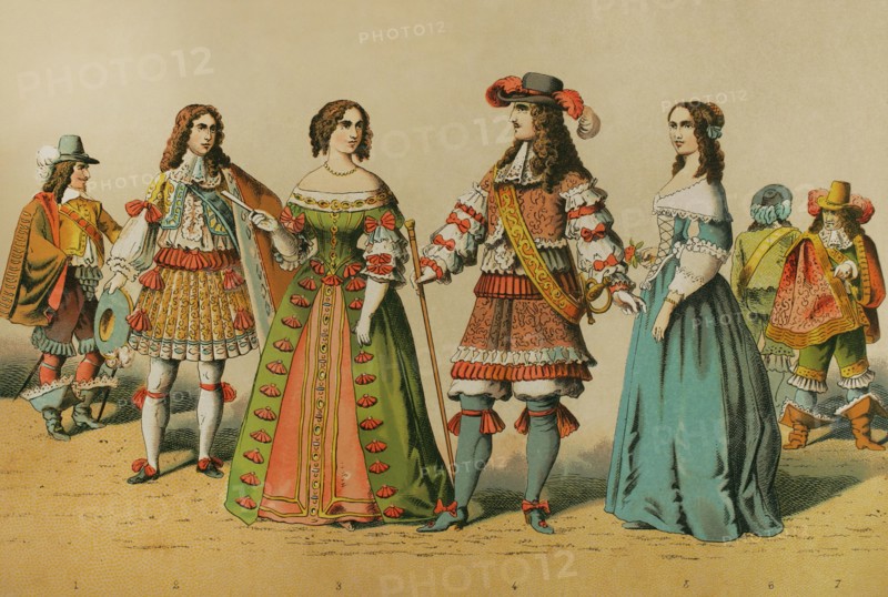 History of France (1600-1670). From left to right: musketeer, Philippe of Orleans, Queen consort Maria Theresa of Austria (1638-1683), King Louis XIV (1638-1715), court lady and two other musketeers in the background. Chromolithography. Historia Universal, by César Cantú. Volume VIII. Published in Barcelona, 1886.