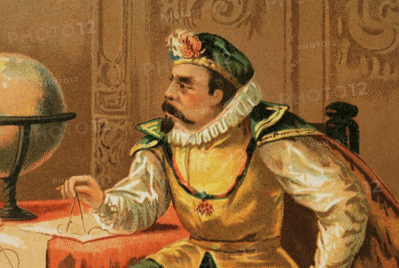 Tycho Brahe (1546-1601). Danish astronomer. Brahe at the Prague Observatory. Chromolithography, detail. Historia Universal, by César Cantú. Volume VIII. Published in Barcelona, 1886.