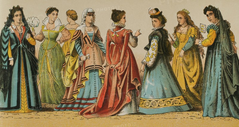 History of Italy. 1500-1600. Madam's dresses. ""Historia Universal"", by Cesar Cantu. Volume VII, 1881.