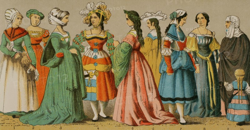 History of Germany. 1500-1550. Women's dresses from different social classes. Chromolithography. ""Historia Universal"", by Cesar Cantu. Volume VII, 1881.
