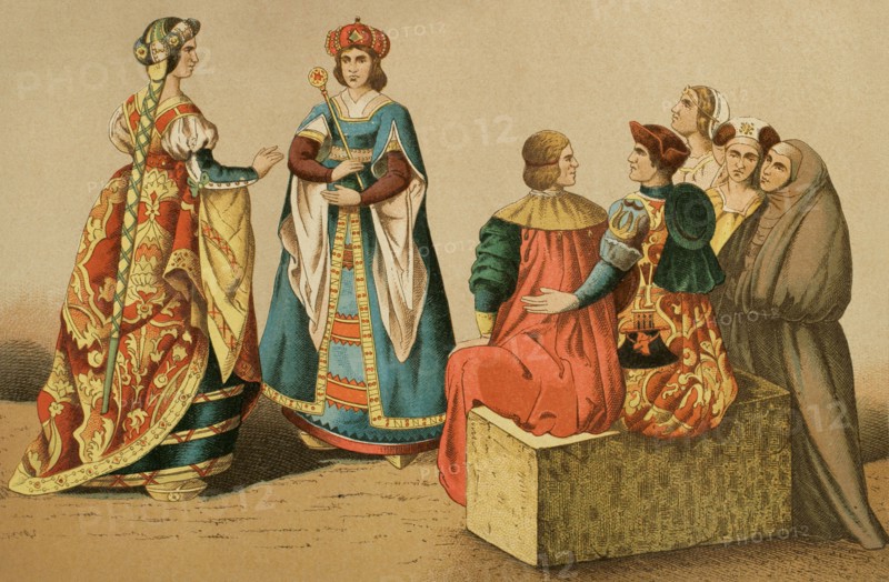 History of Spain. Spanish costumes of the 15th century. Chromolithography. ""Historia Universal"", by Cesar Cantu. Volume VII, 1881.