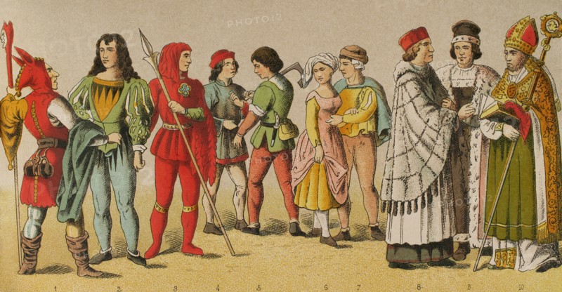 History of Germany. Middle Ages. 1450-1500. From left to right, 1: jester, 2: knight, 3: bailiff, 4: citizen, 5: carpenter, 6-7: plowmen, 8: canon, 9: university rector, 10: bishop. Chromolithography. ""Historia Universal"", by Cesar Cantu. Volume VIII, 1881.