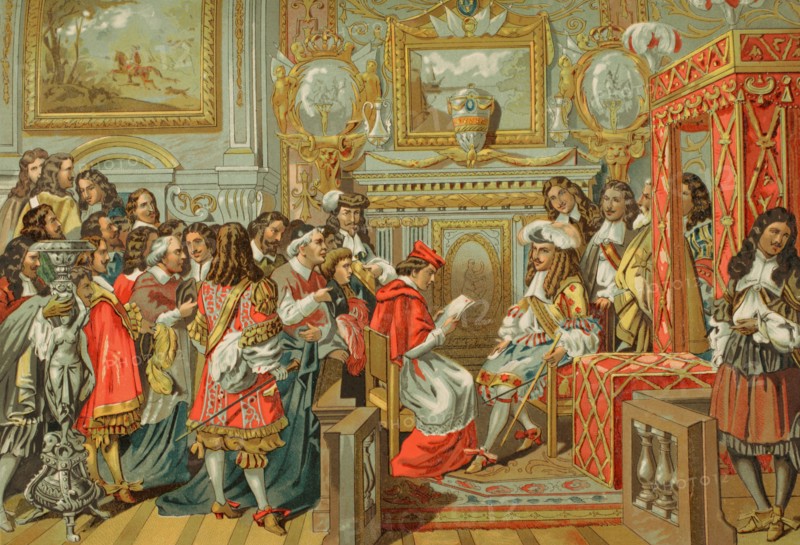 Louis XIV, known as ""the Sun King"" (1638-1715). King of France (1643-1715). Cabinet of Louis XIV of France. Chromolithography. ""Historia Universal"", by Cesar Cantu. Volume VIII, 1881.