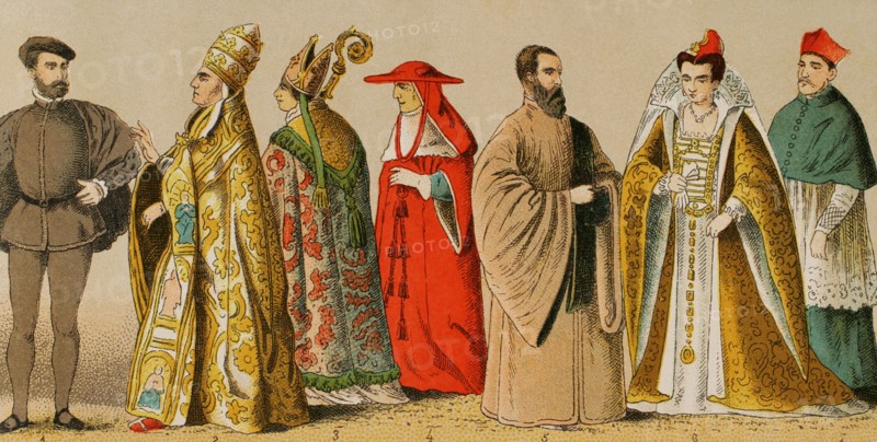 History of Italy. 1500. From left to right, 1: Venetian knight, 2: Pontifical vestment, 3: Assistant at the papal throne, 4: cardinal, 5: Procurator of Saint Mark, 6: wife of the Doge, 7: cardinal. Chromolithography. ""Historia Universal"", by Cesar Cantu. Volume VIII, 1881.