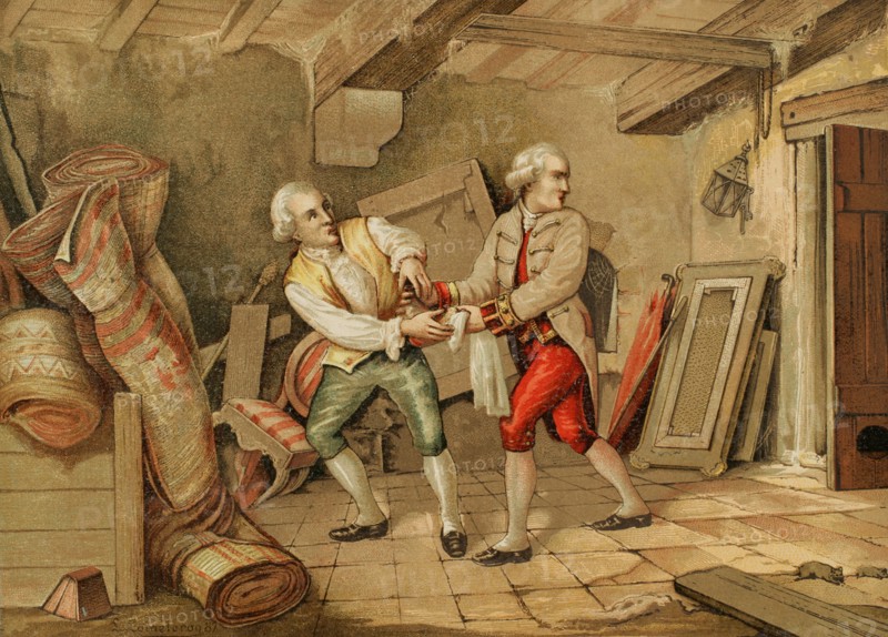 History of Spain. Mutiny of Aranjuez (17-19 March 1808). A small group led by members of the fernandino party (noble people nearby to the Prince of Asturias) was heaped front to the Royal Palace and assaulted Godoy's House, looting, burning and destroying all kinds of belongings. On the morning of 19 March groups of people went to Godoy's house in Barquillo Street, in Madrid. The Prince of Peace guided by a faithful servant. Chromolithography. ""Historia Universal"", by Cesar Cantu. Volume IX, 1881.