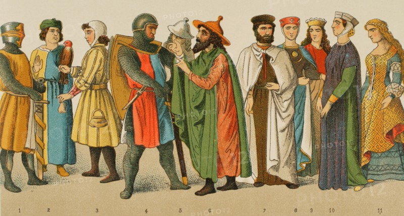 History of Germany. Middle Ages. 1200. From left to right, 1: knight, 2: physician, 3: falconer, 4: knight, 5-6: Jews, 7: Knight of the Teutonic Order, 8-9-10-11: noblewomen. Chromolithography. ""Historia Universal"", by Cesar Cantu. Volume X, 1881.