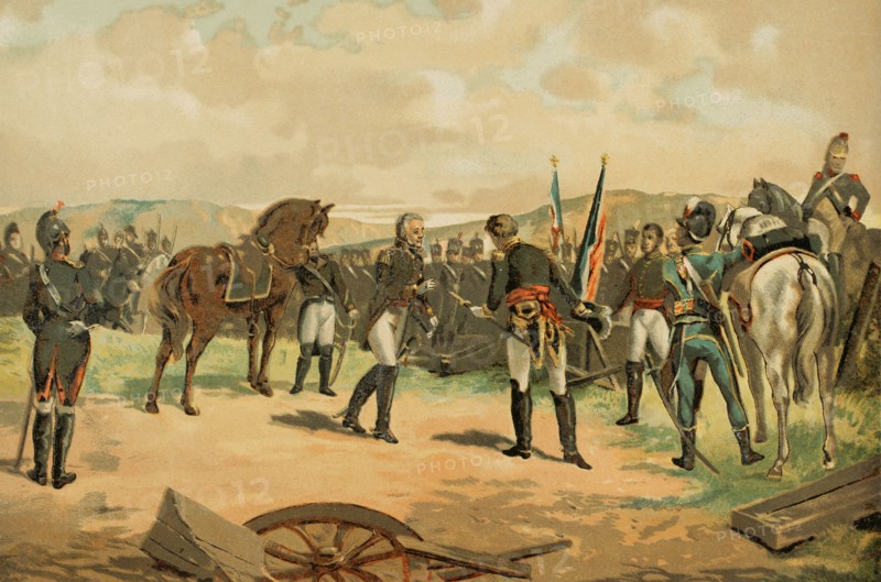 Peninsular War. Battle of Bailen. First victory of the Spanish army led by General Castanos (July 19, 1808). Surrender of General Dupont. Chromolithography. ""Historia Universal"", by Cesar Cantu. Volume X, 1881.