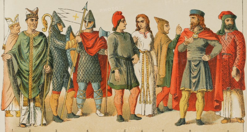 History of France, 1000. From left to right, 1-2: bishops, 3-4: warriors, 5-6-7: ordinary people, 8-9: noblemen. Chromolithography. ""Historia Universal"", by Cesar Canto. Volume V, 1884.