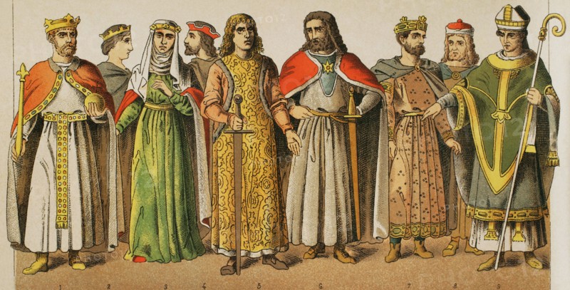 Holy Roman Empire, 1000-1100. From left to right, 1: Emperor Frederick Barbarossa (1122-1190), 2: princess, 3: Henry the Lion's wife, 4-5-6: noblemen, 7: king, 8: nobleman, 9: bishop. Chromolithography. ""Historia Universal"", by Cesar Canto. Volume V, 1884.