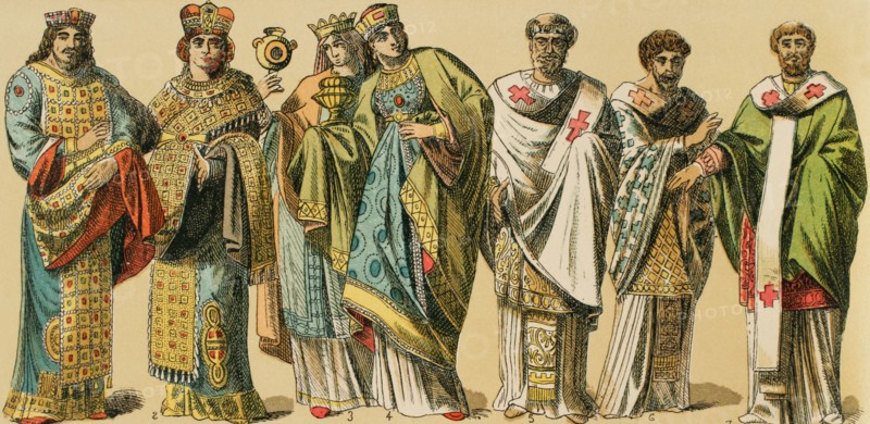 Byzantines, 1000-1200. From left to right, 1: regal gown, 2: women's regal gown, 3: women's regal gown with stola and second tunic, 4: women's regal gown with stola, second tunic and mantle, 5-6-7: priest's vestments. Chromolithography. ""Historia Universal"", by Cesar Canto. Volume V, 1884.