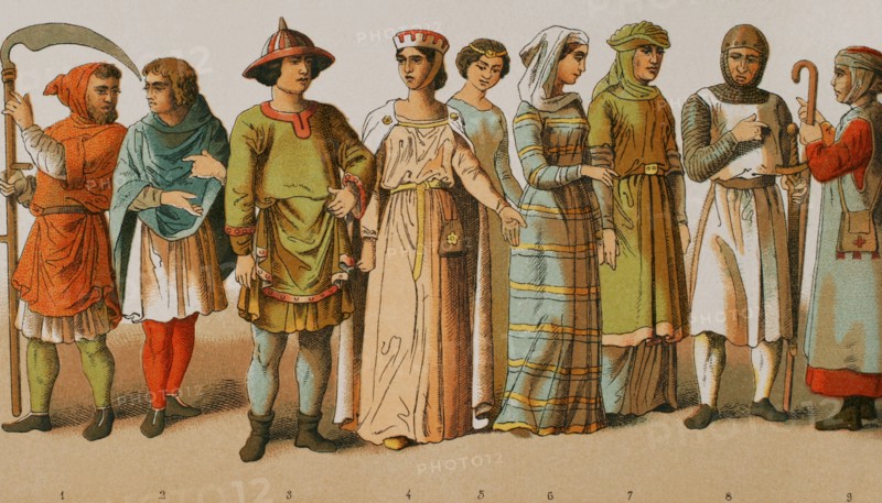 History of France, 1100. From left to right, 1-2: ploughmen, 3: nobleman, 4-5-6-7: noble ladies, 8: warrior, 9: pilgrim. Chromolithography. ""Historia Universal"", by Cesar Canto. Volume V, 1884.