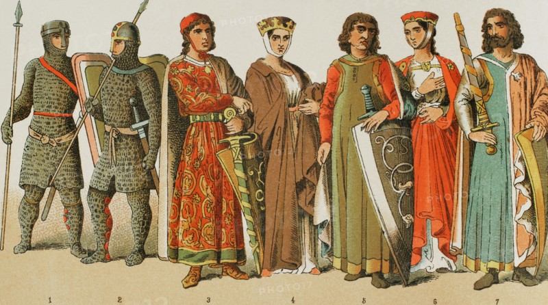 Holy Roman Empire, 1000-1100. From left to right, 1-2: warriors, 3-4-5-6-7: prince, princess and nobles of the 12th century. Chromolithography. ""Historia Universal"", by Cesar Canto. Volume V, 1884.