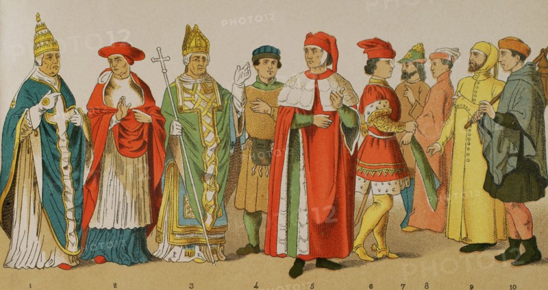History of Italy. 1300. From left to right, 1: Pope, 2: cardinal, 3: archbishop, 4: citizen, 5-6-7-8: knights, 9: citizen, 10: henchman. Country people's vestment. Chromolithography. ""Historia Universal"", by Cesar Cantu. Volume VI, 1885.